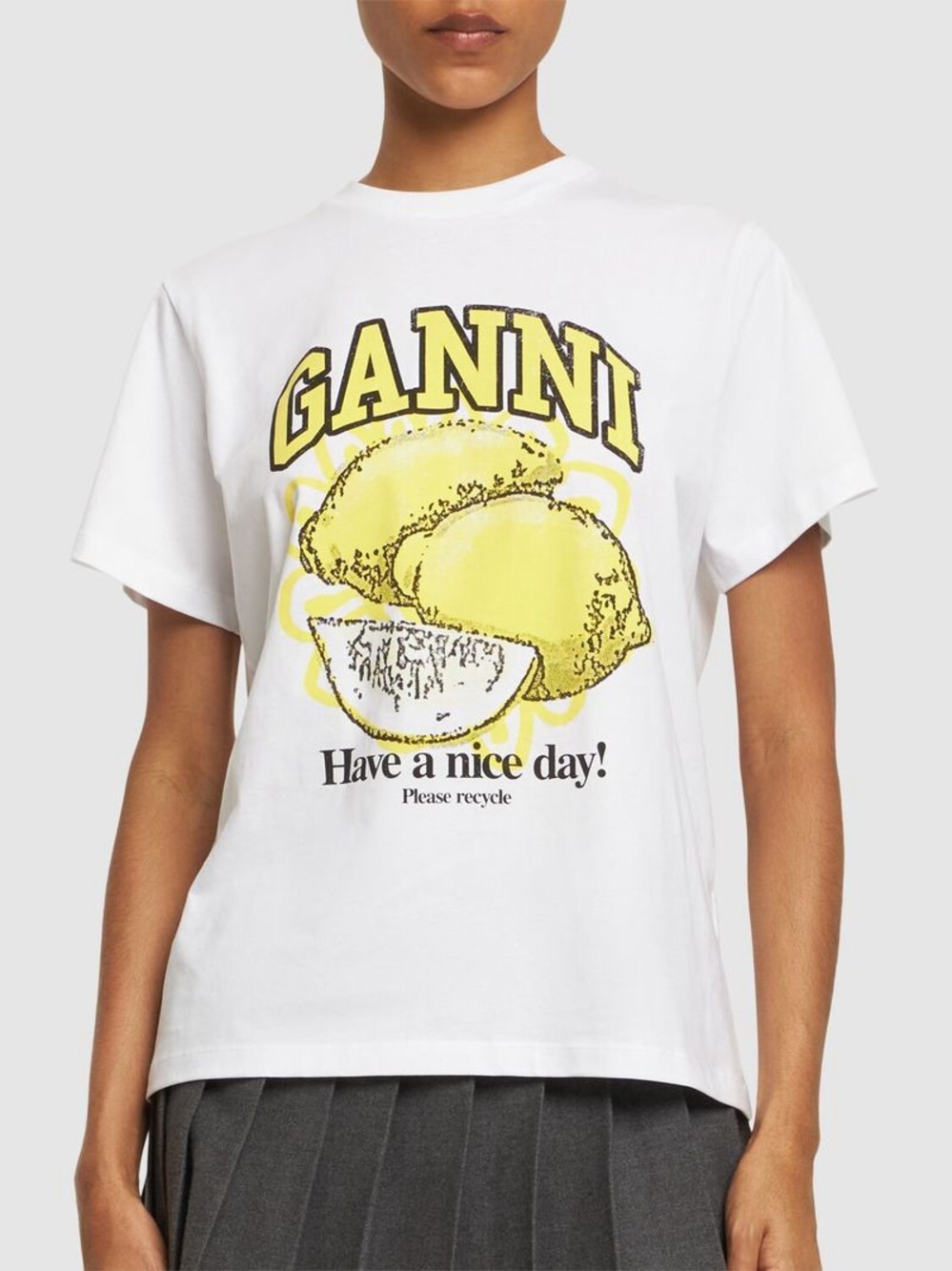 GANNI Lemon Have a Nice Day Graphic Organic Cotton T-Shirt White Large Danish